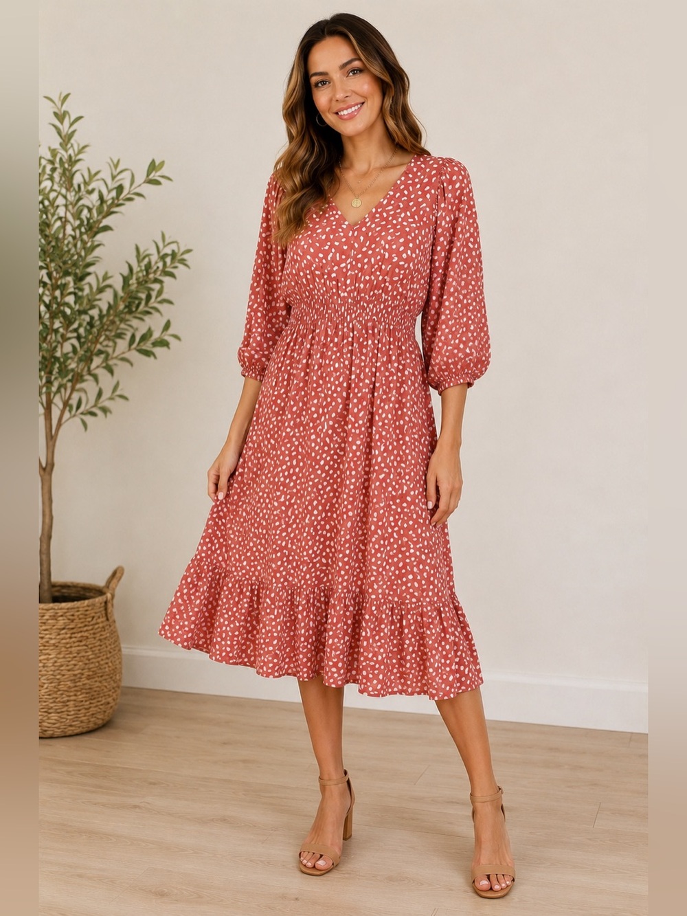 Umgee Coral Pink White Babydoll Dress V-Neck Smocked Waist Puff Sleeve Size 2XL